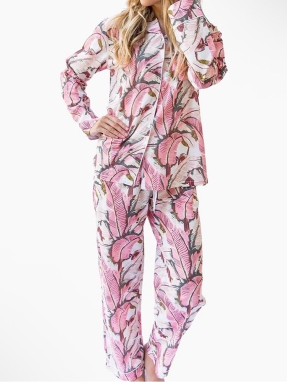 Sant & Abel x CW Stockwell MARTINIQUE® PINK BANANA LEAF LONG PJ SET M NWT Cotton